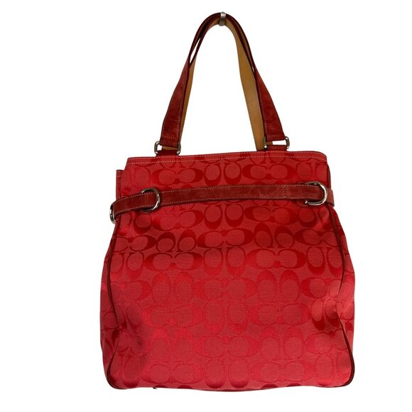 Coach LTD Signature C Belted Canvas Purse Satchel Carryall Tote Bag Red Tan - Picture 7 of 14